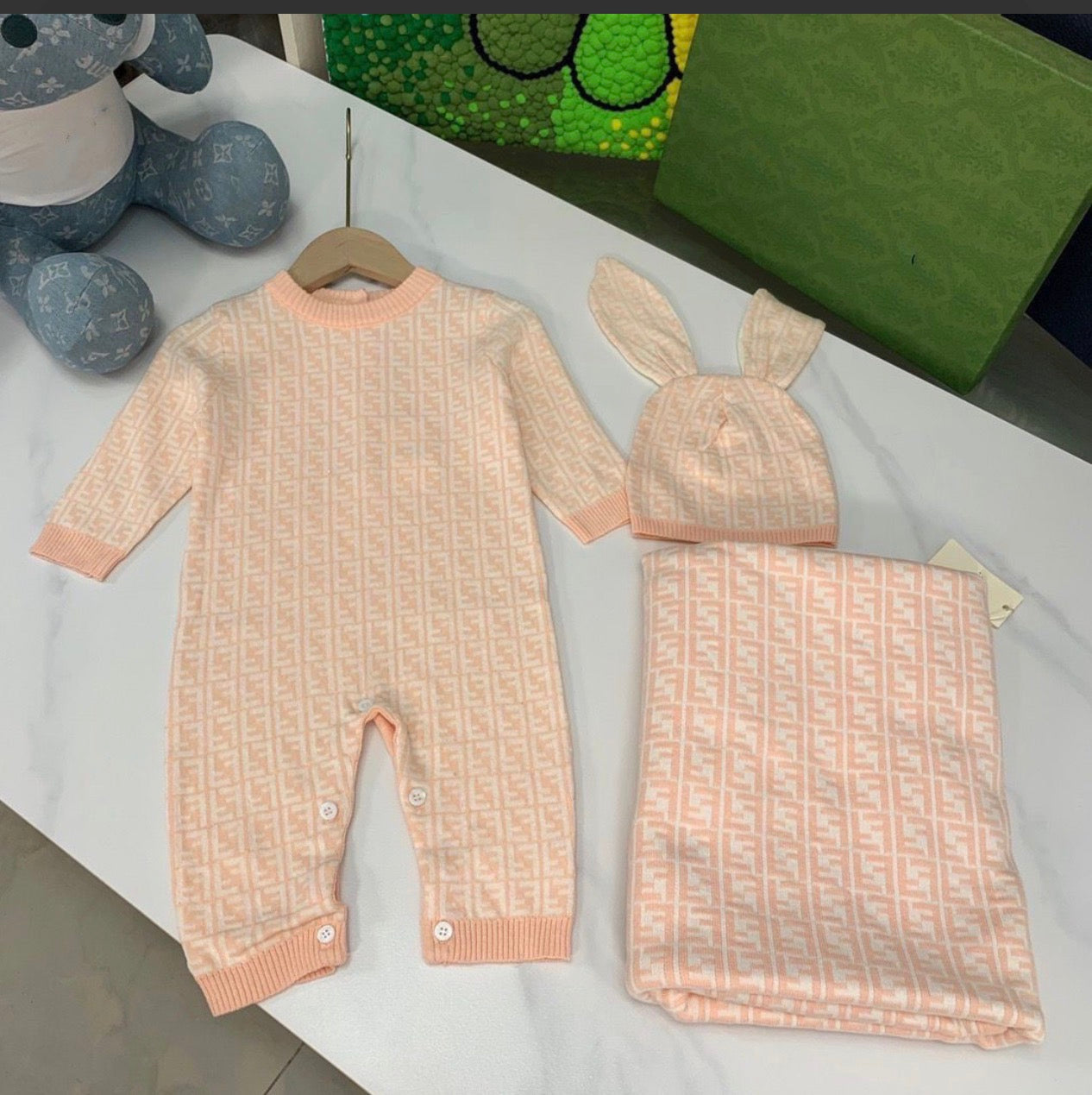 Pink baby fendi grower and blanket set
